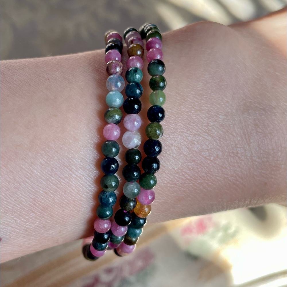 3 Layers Tourmaline Beaded 4mm Bracelet Stretch Necklace